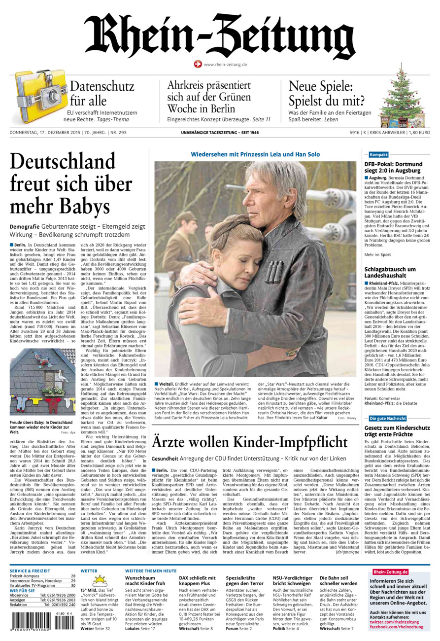 Rhein-Zeitung Kreis Ahrweiler vom Donnerstag, 17.12.2015