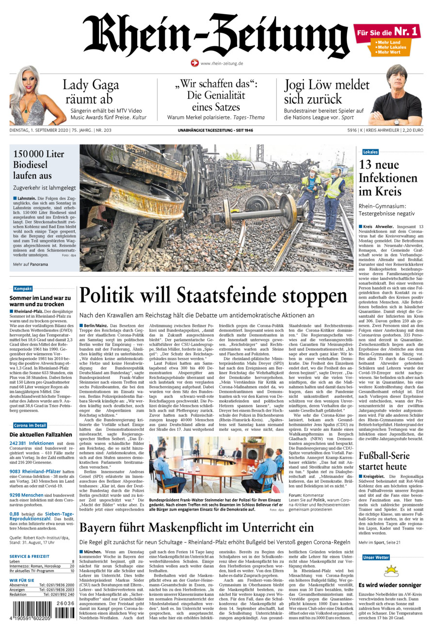 Rhein-Zeitung Kreis Ahrweiler vom Dienstag, 01.09.2020