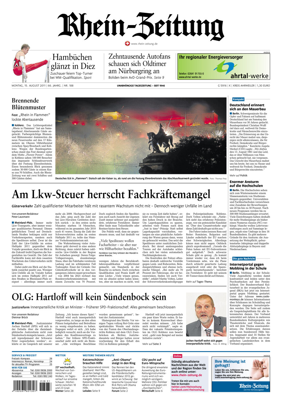 Rhein-Zeitung Kreis Ahrweiler vom Montag, 15.08.2011