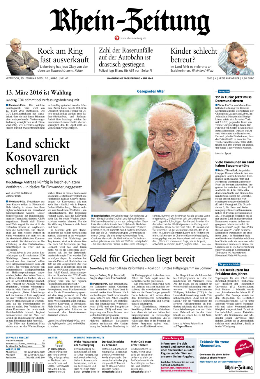 Rhein-Zeitung Kreis Ahrweiler vom Mittwoch, 25.02.2015