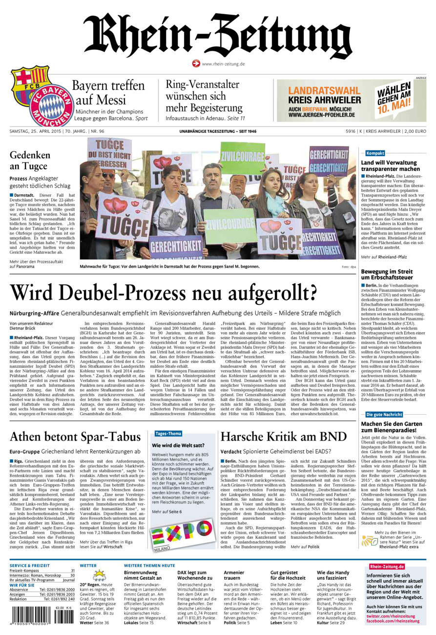 Rhein-Zeitung Kreis Ahrweiler vom Samstag, 25.04.2015