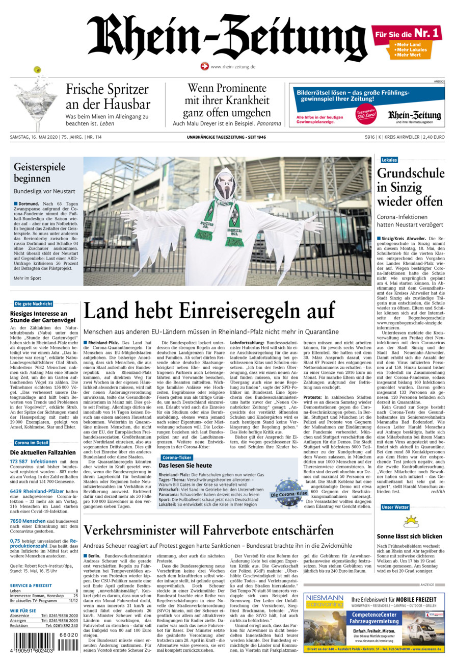 Rhein-Zeitung Kreis Ahrweiler vom Samstag, 16.05.2020
