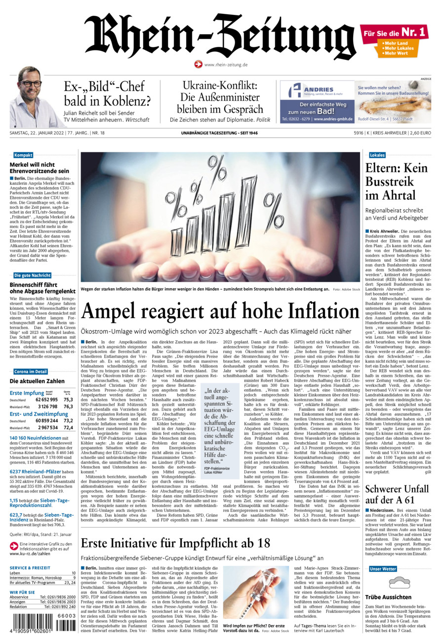 Rhein-Zeitung Kreis Ahrweiler vom Samstag, 22.01.2022