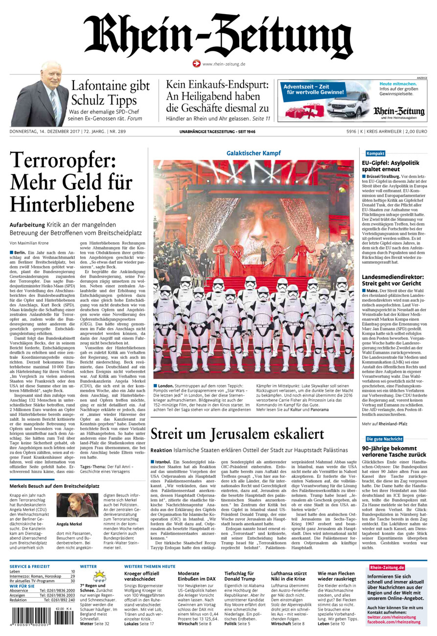Rhein-Zeitung Kreis Ahrweiler vom Donnerstag, 14.12.2017