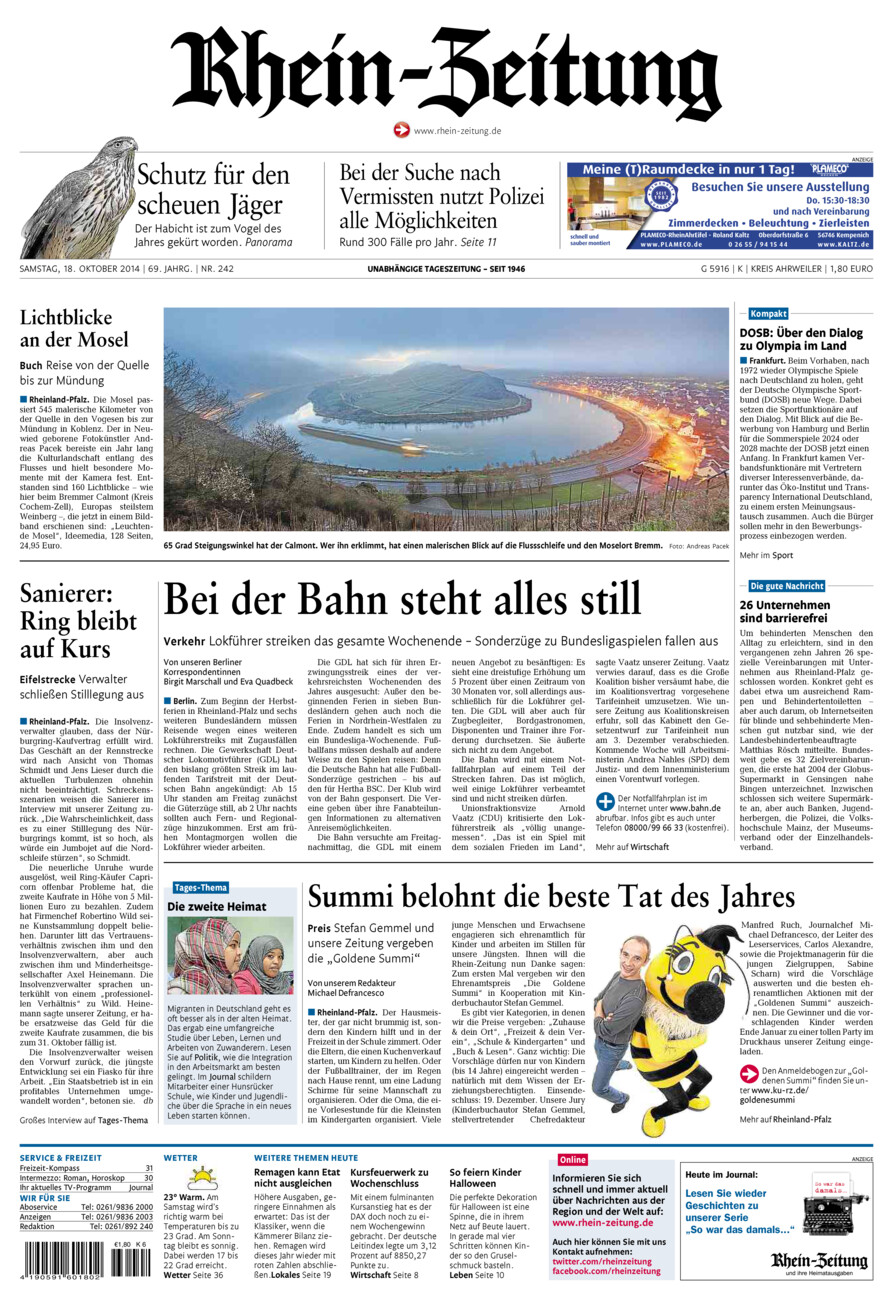 Rhein-Zeitung Kreis Ahrweiler vom Samstag, 18.10.2014