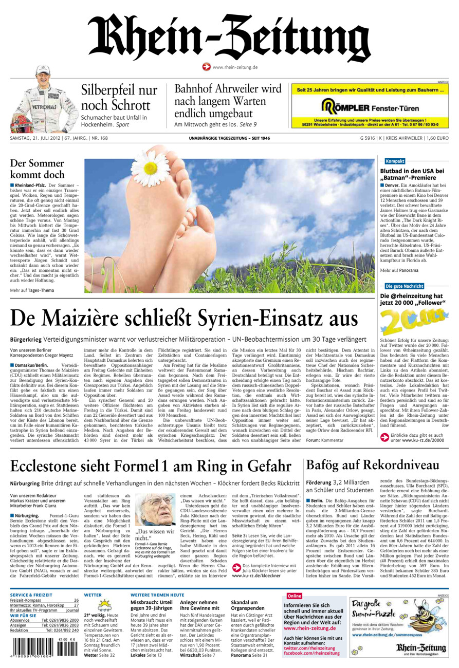 Rhein-Zeitung Kreis Ahrweiler vom Samstag, 21.07.2012