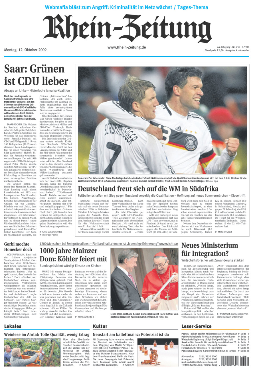 Rhein-Zeitung Kreis Ahrweiler vom Montag, 12.10.2009