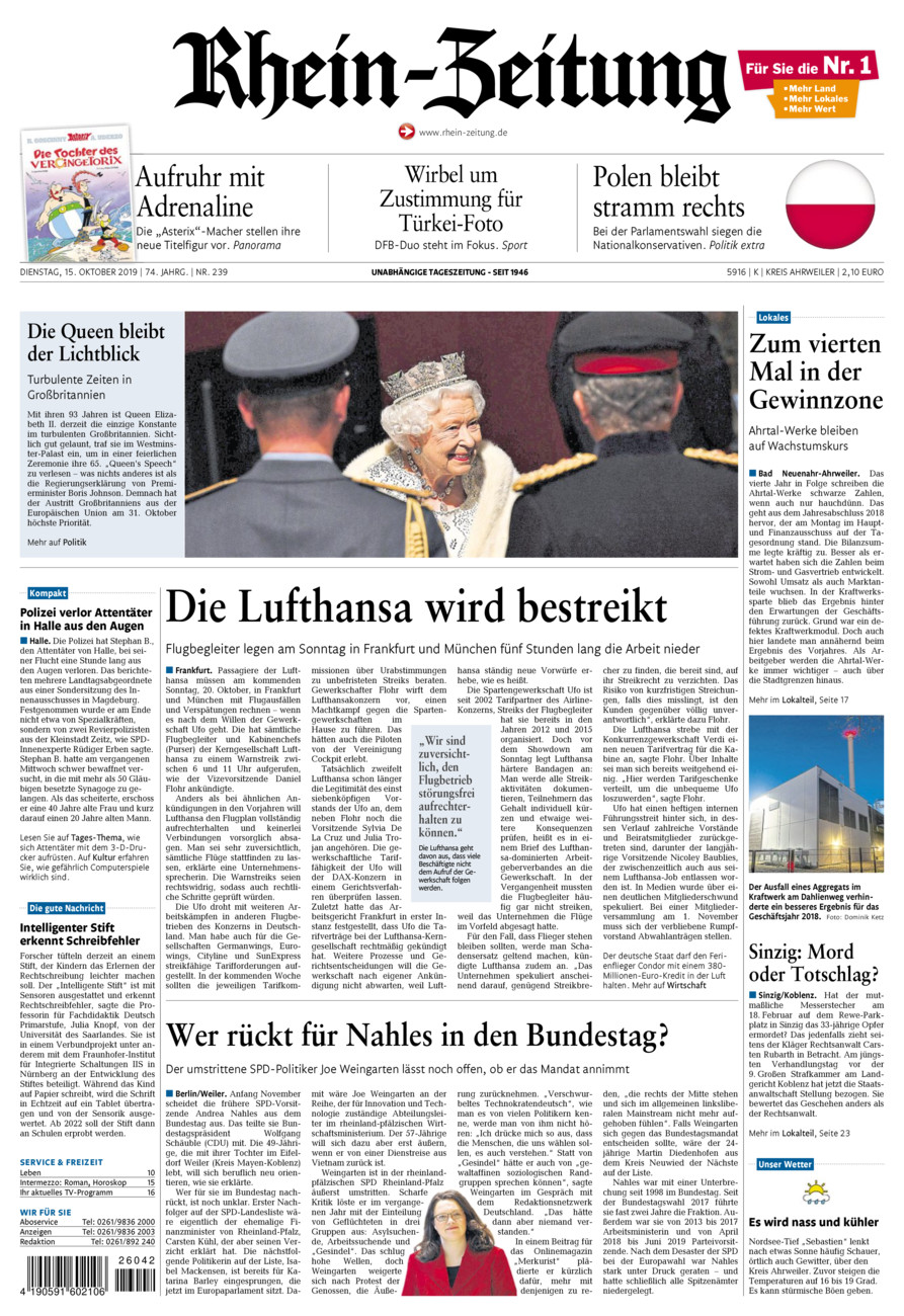 Rhein-Zeitung Kreis Ahrweiler vom Dienstag, 15.10.2019