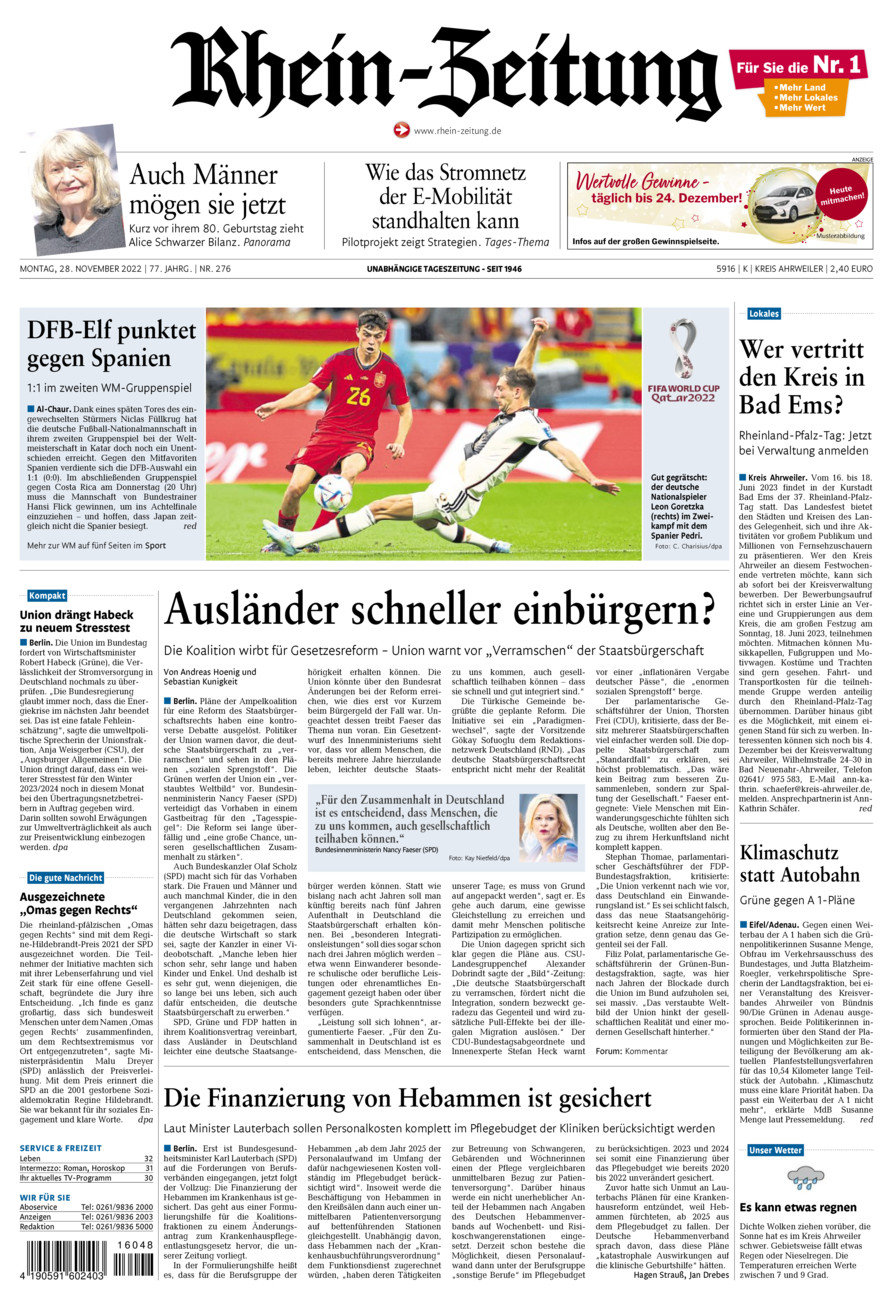 Rhein-Zeitung Kreis Ahrweiler vom Montag, 28.11.2022