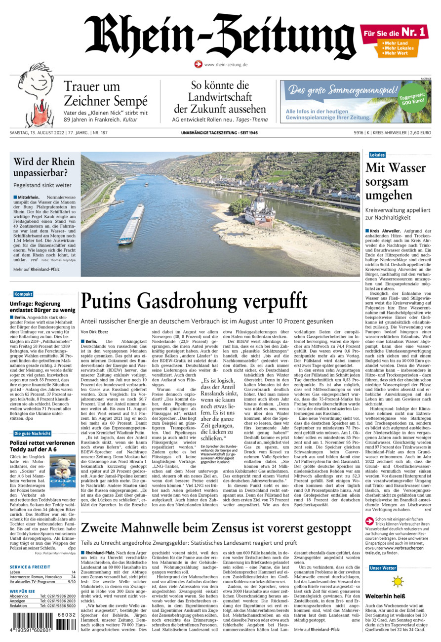 Rhein-Zeitung Kreis Ahrweiler vom Samstag, 13.08.2022