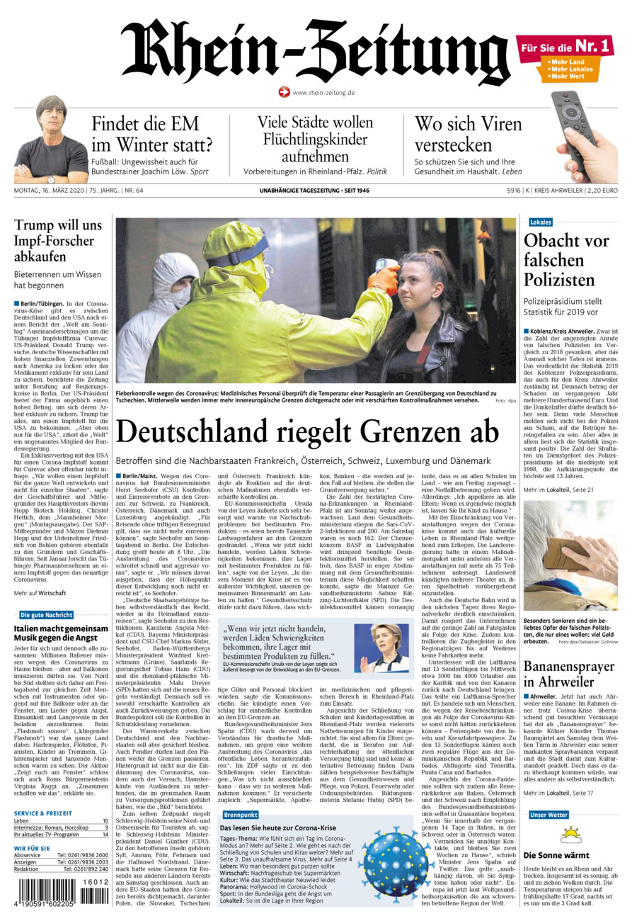 Rhein-Zeitung Kreis Ahrweiler vom Montag, 16.03.2020