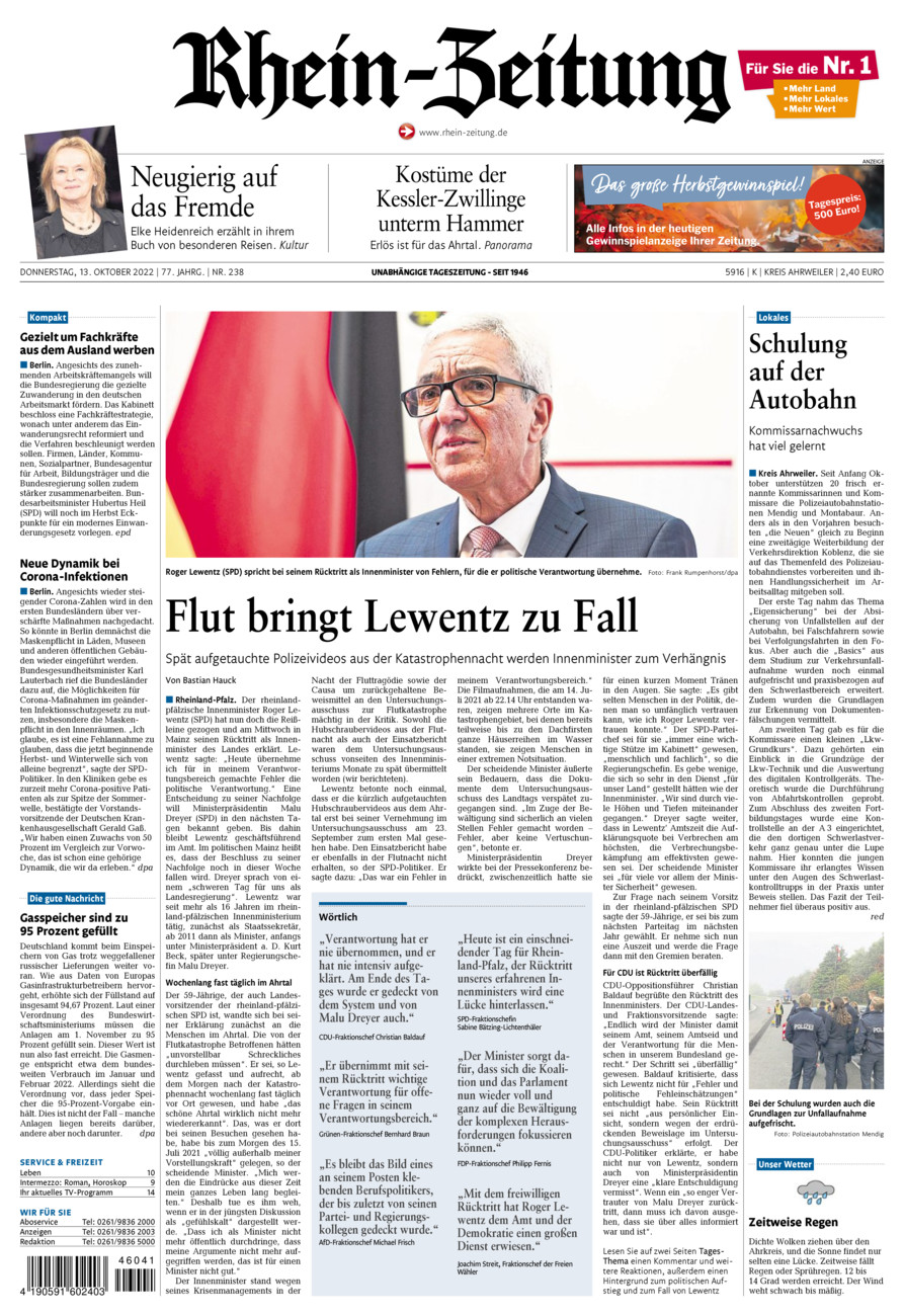 Rhein-Zeitung Kreis Ahrweiler vom Donnerstag, 13.10.2022