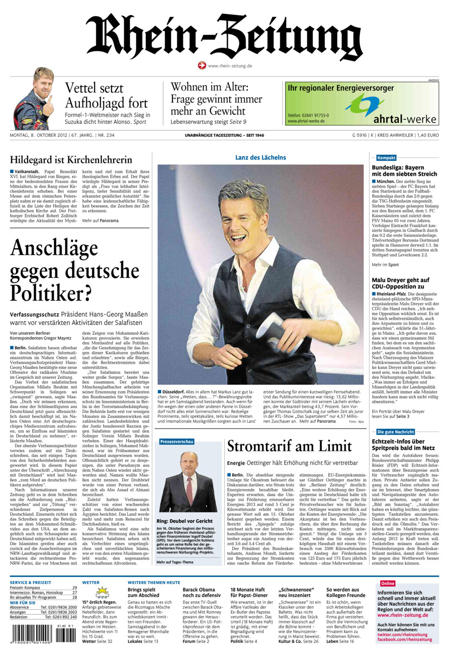 Rhein-Zeitung Kreis Ahrweiler vom Montag, 08.10.2012