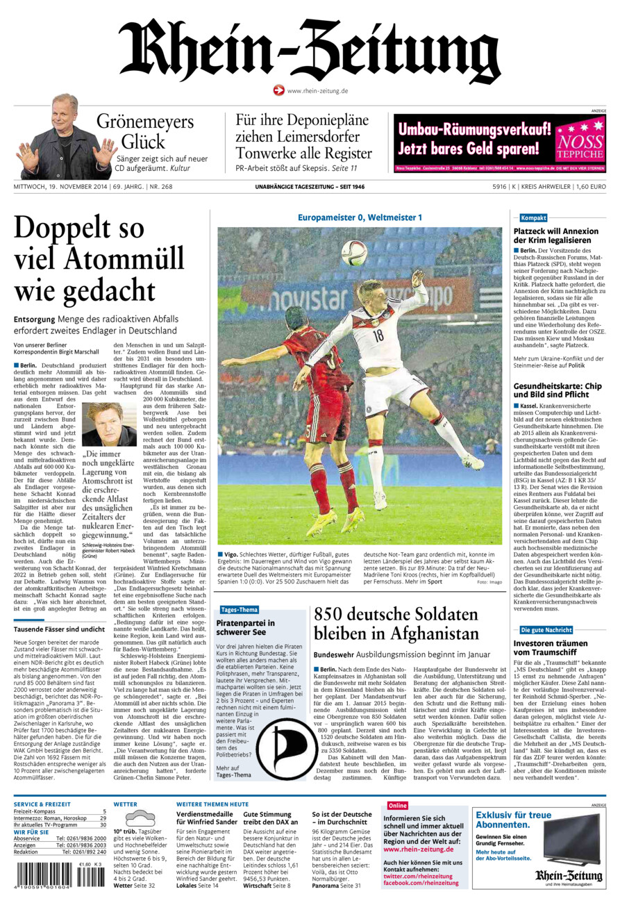 Rhein-Zeitung Kreis Ahrweiler vom Mittwoch, 19.11.2014