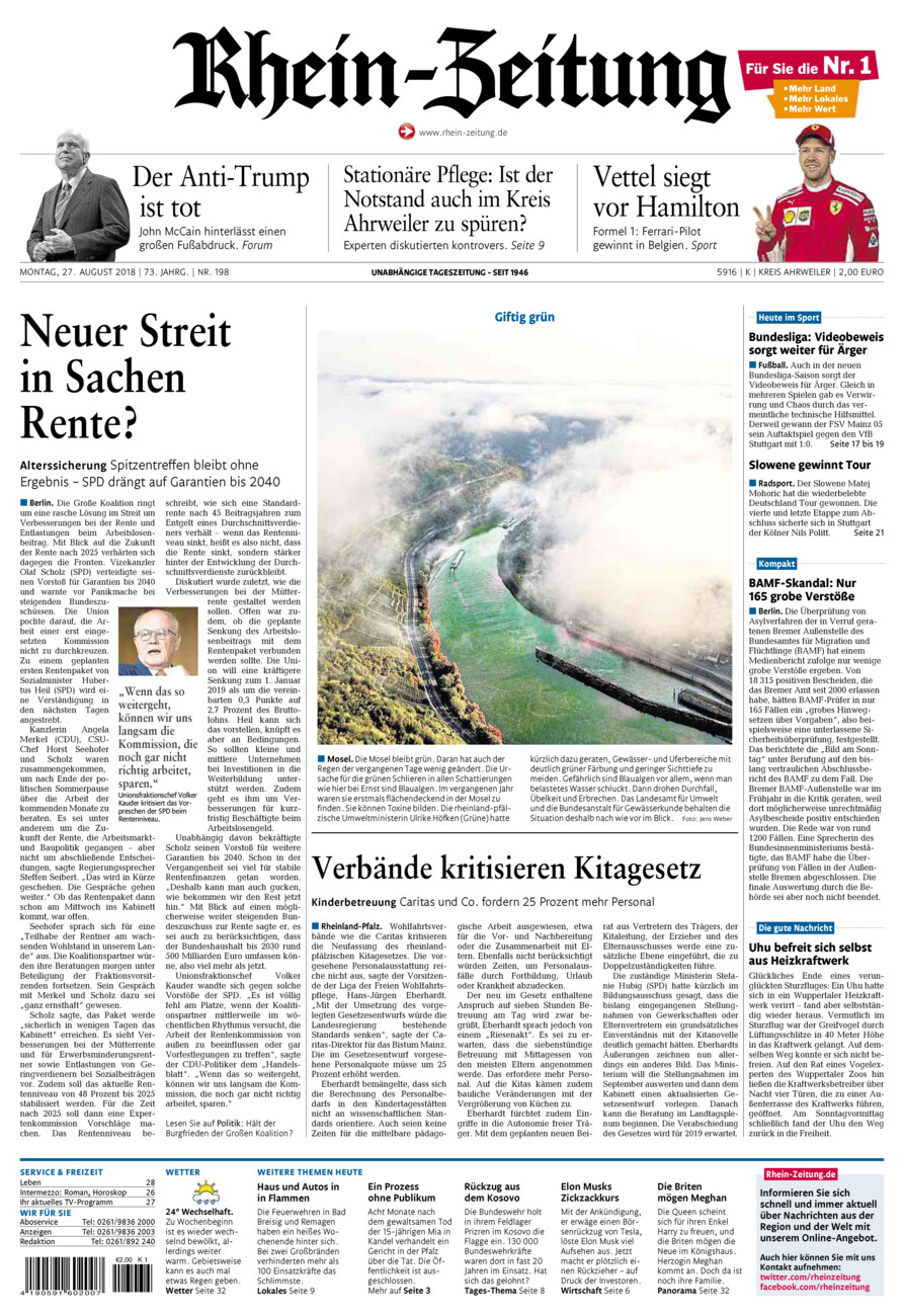Rhein-Zeitung Kreis Ahrweiler vom Montag, 27.08.2018