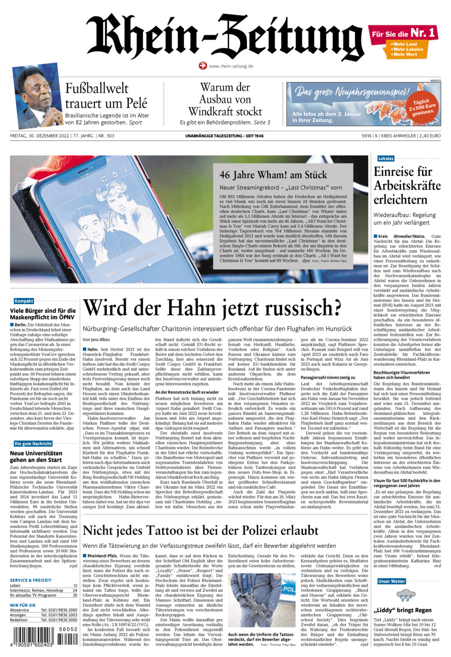 Rhein-Zeitung Kreis Ahrweiler vom Freitag, 30.12.2022