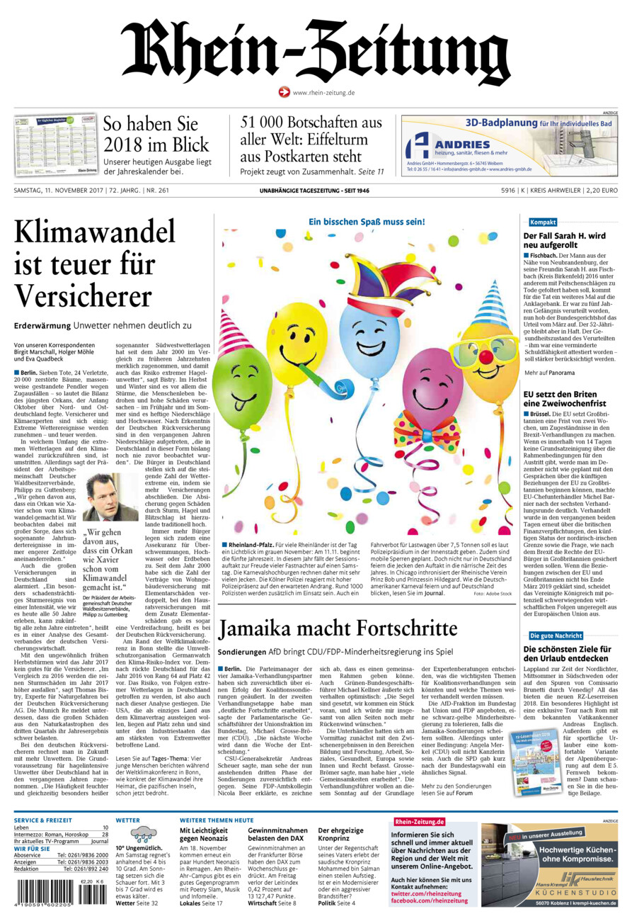 Rhein-Zeitung Kreis Ahrweiler vom Samstag, 11.11.2017