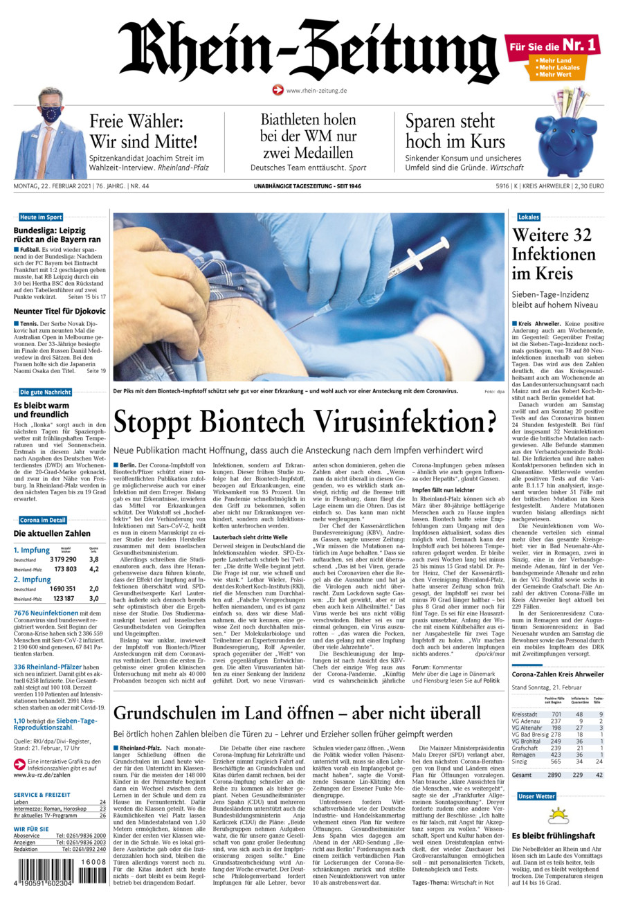 Rhein-Zeitung Kreis Ahrweiler vom Montag, 22.02.2021