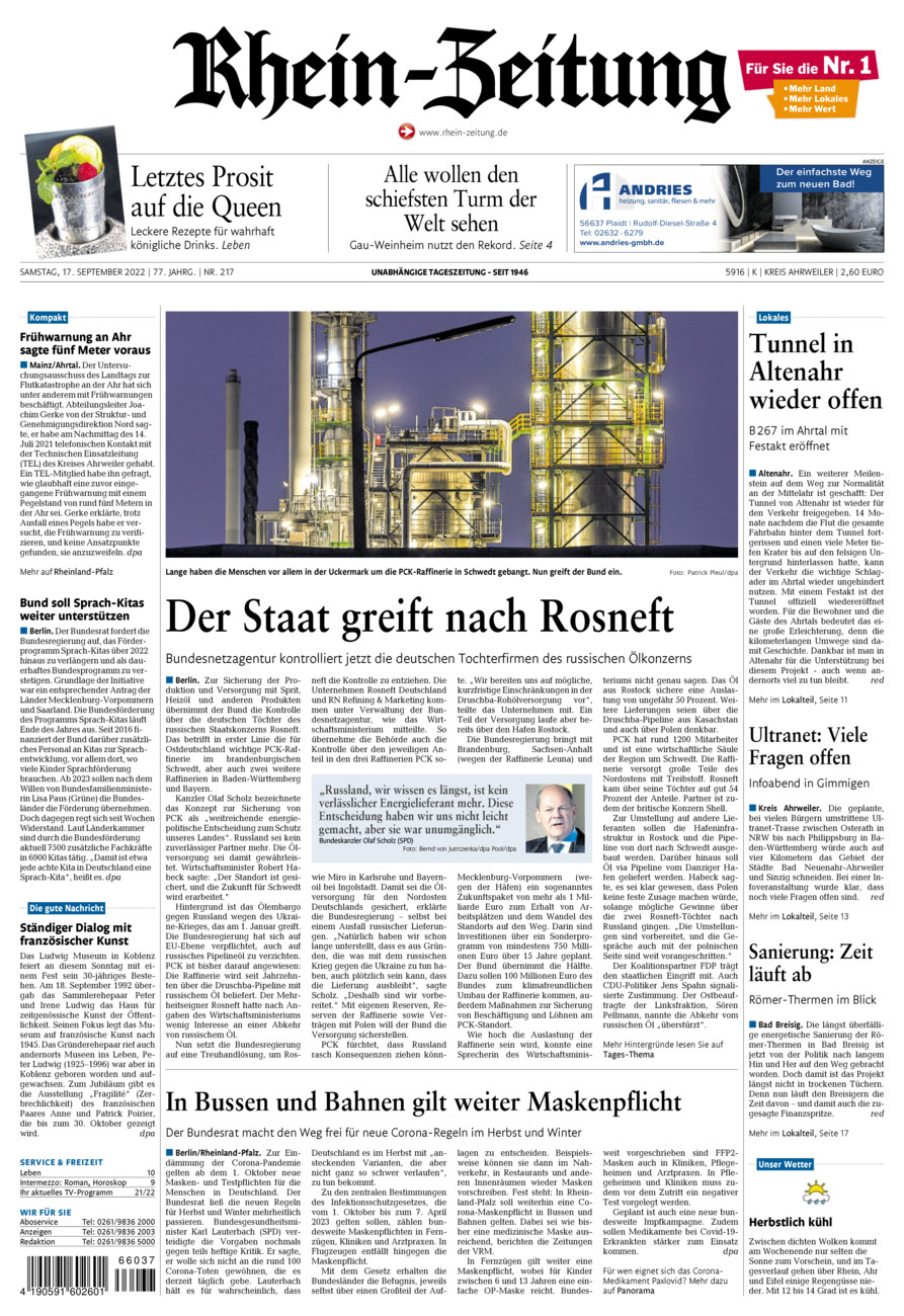Rhein-Zeitung Kreis Ahrweiler vom Samstag, 17.09.2022
