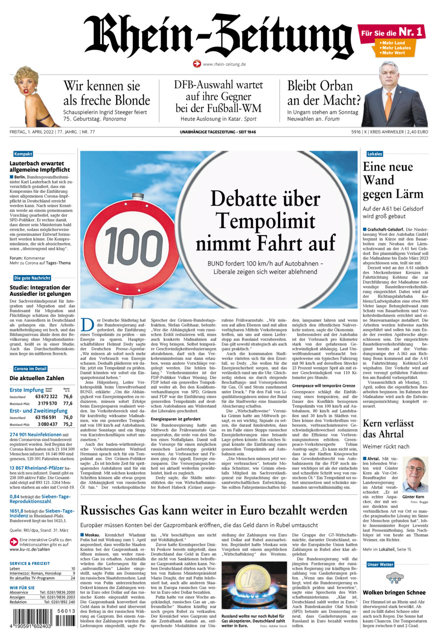 Rhein-Zeitung Kreis Ahrweiler vom Freitag, 01.04.2022