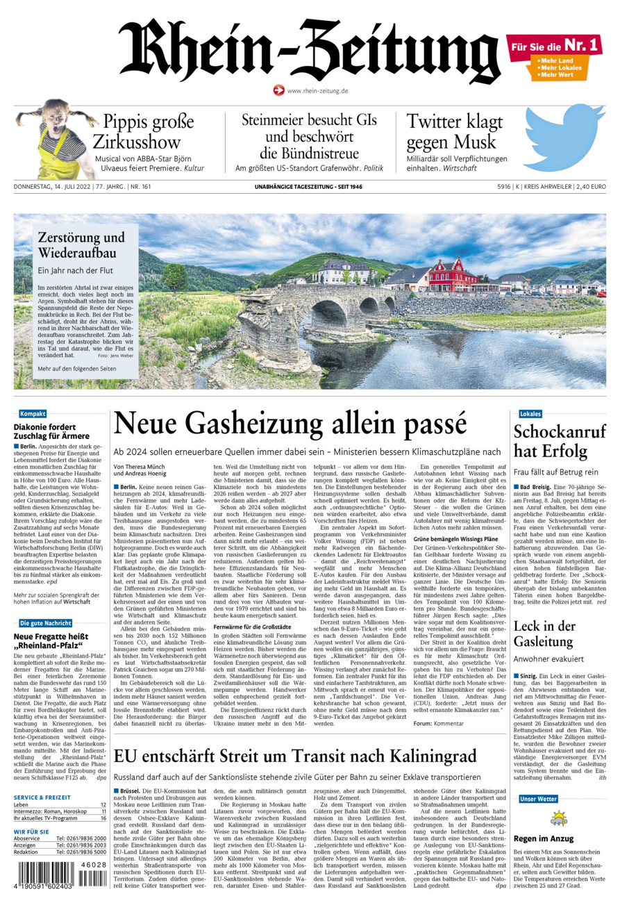 Rhein-Zeitung Kreis Ahrweiler vom Donnerstag, 14.07.2022