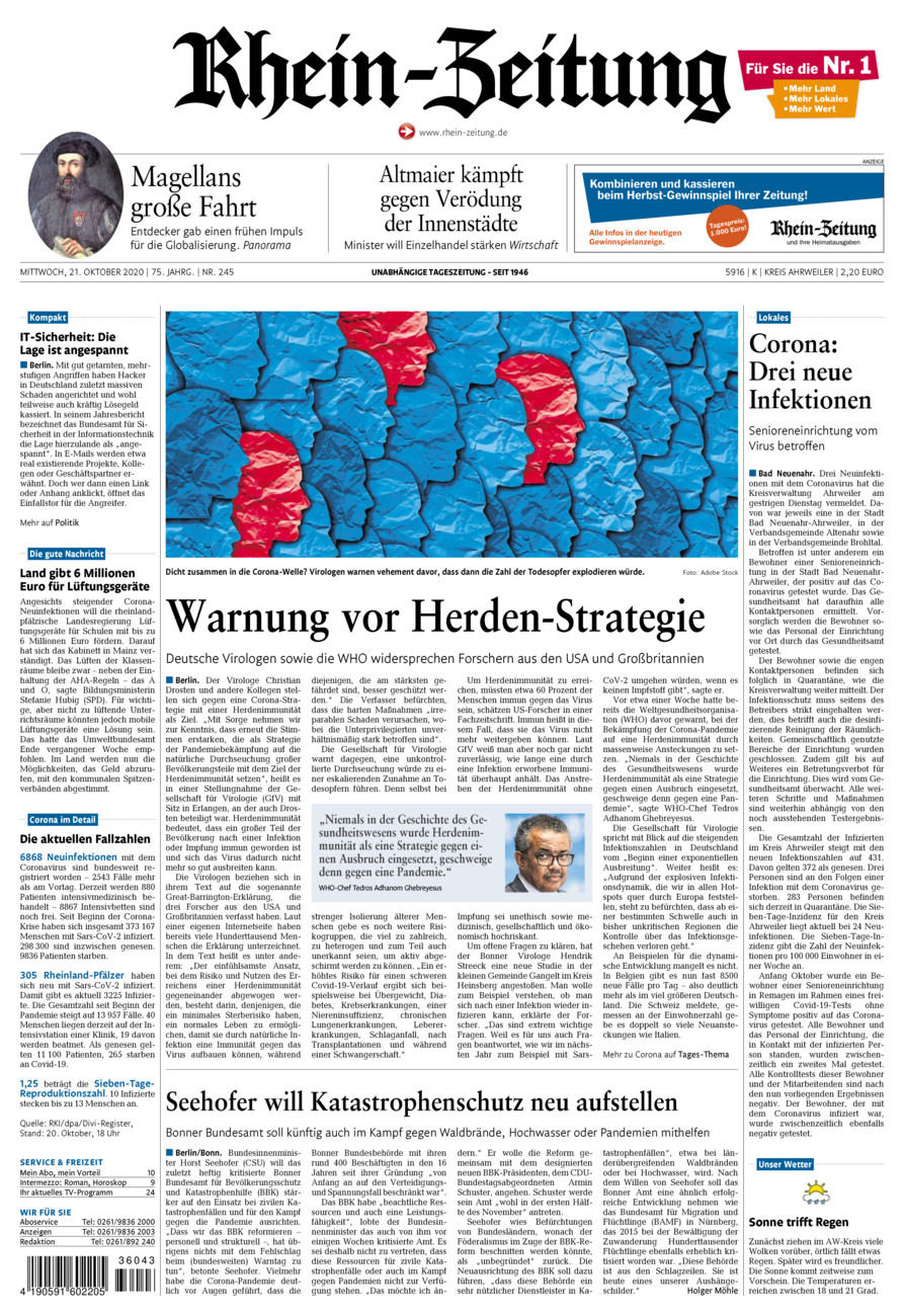 Rhein-Zeitung Kreis Ahrweiler vom Mittwoch, 21.10.2020