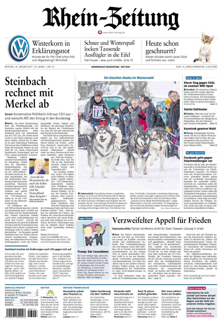 Rhein-Zeitung Kreis Ahrweiler vom Montag, 16.01.2017