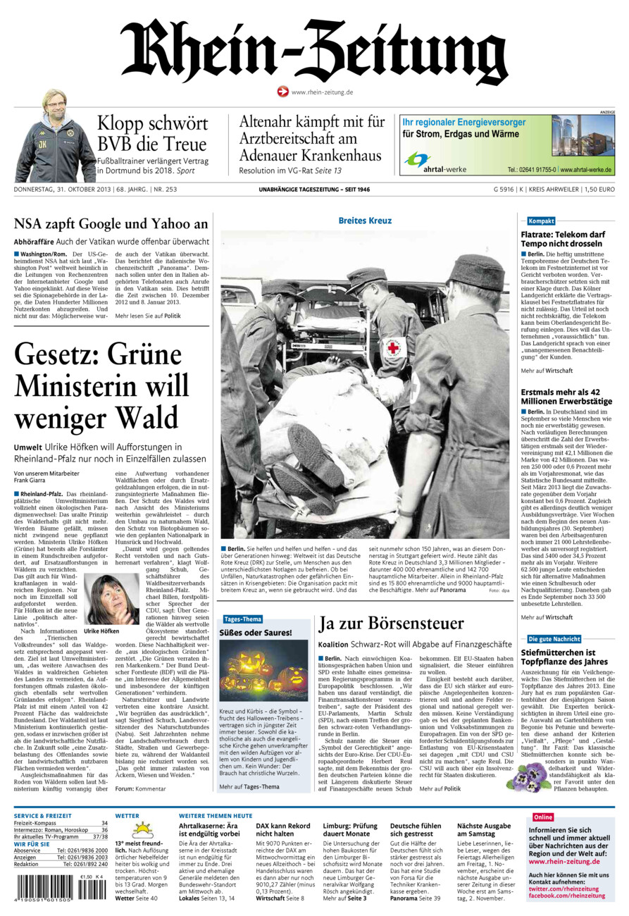 Rhein-Zeitung Kreis Ahrweiler vom Donnerstag, 31.10.2013