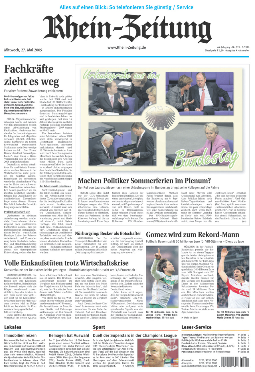 Rhein-Zeitung Kreis Ahrweiler vom Mittwoch, 27.05.2009