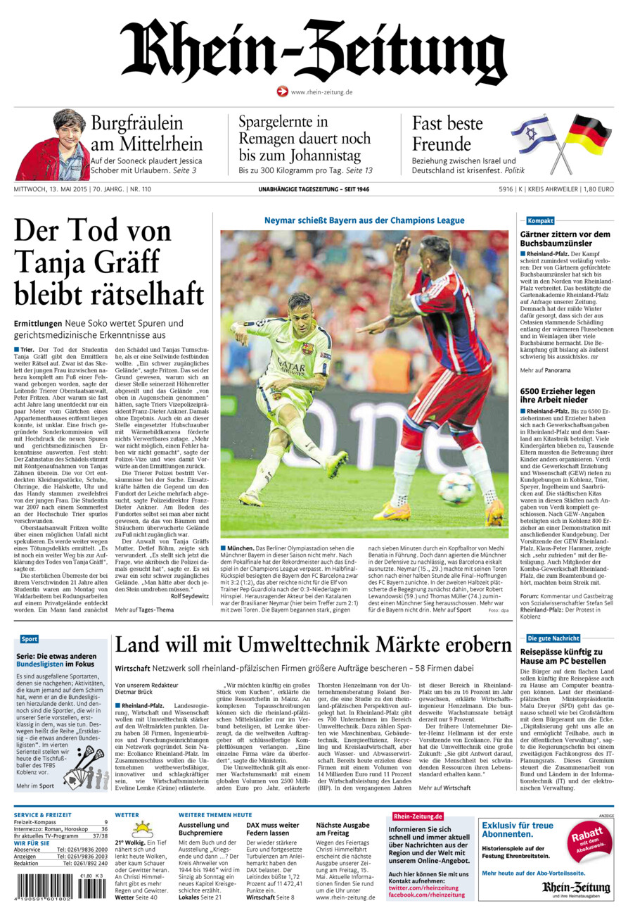 Rhein-Zeitung Kreis Ahrweiler vom Mittwoch, 13.05.2015