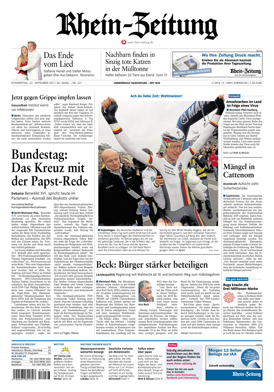 Rhein-Zeitung Kreis Ahrweiler vom Donnerstag, 22.09.2011