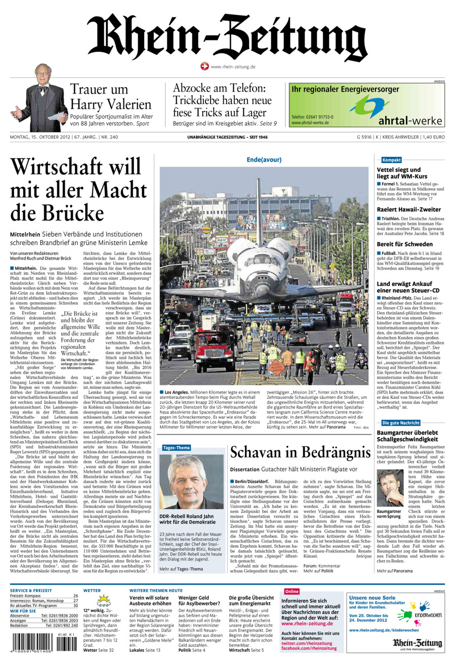 Rhein-Zeitung Kreis Ahrweiler vom Montag, 15.10.2012