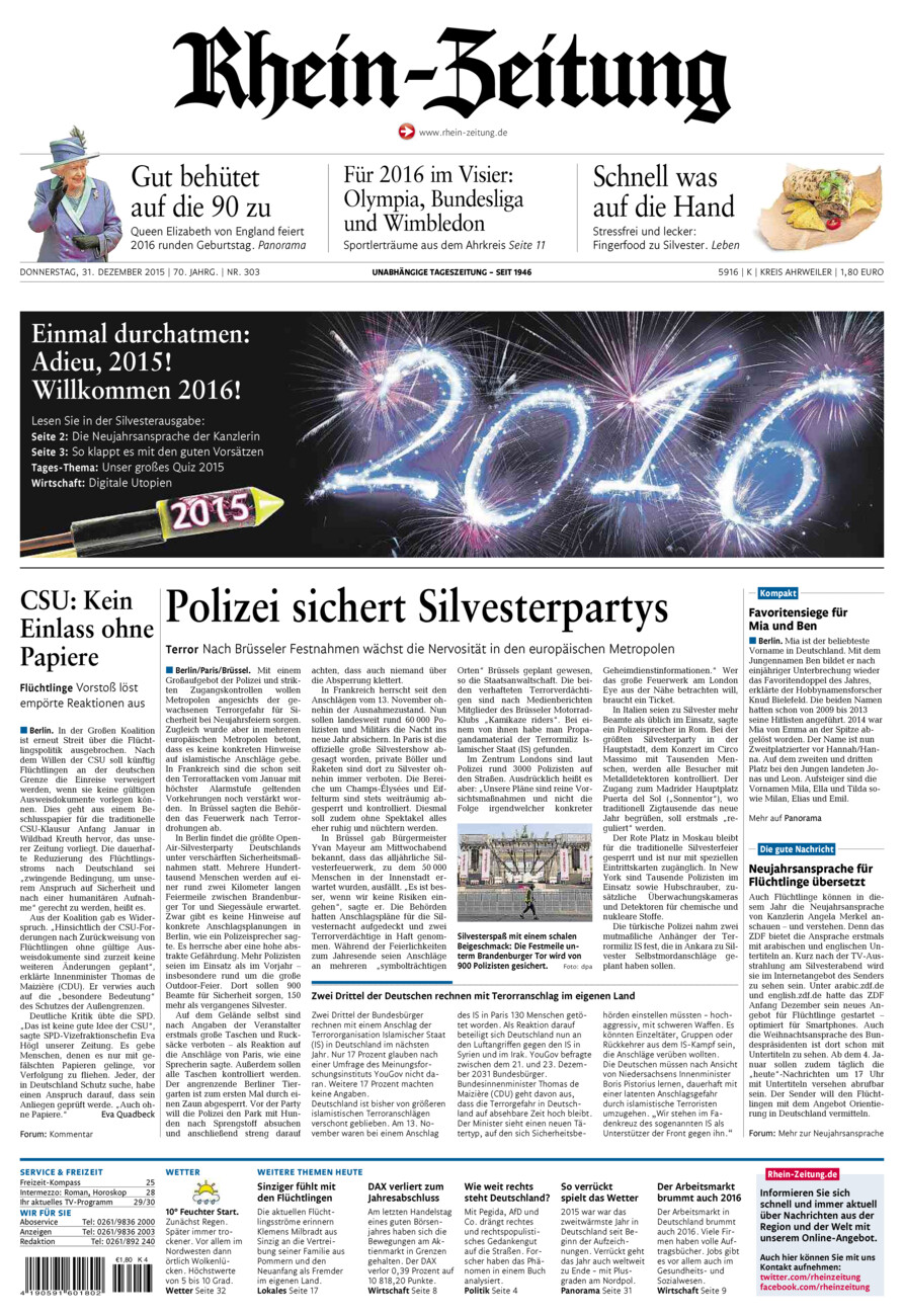 Rhein-Zeitung Kreis Ahrweiler vom Donnerstag, 31.12.2015