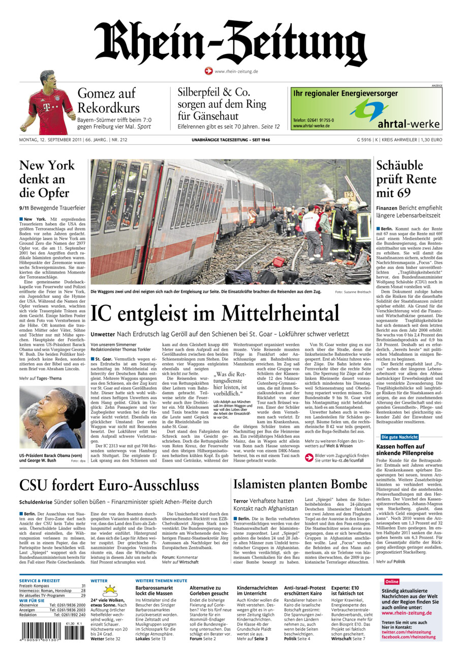 Rhein-Zeitung Kreis Ahrweiler vom Montag, 12.09.2011