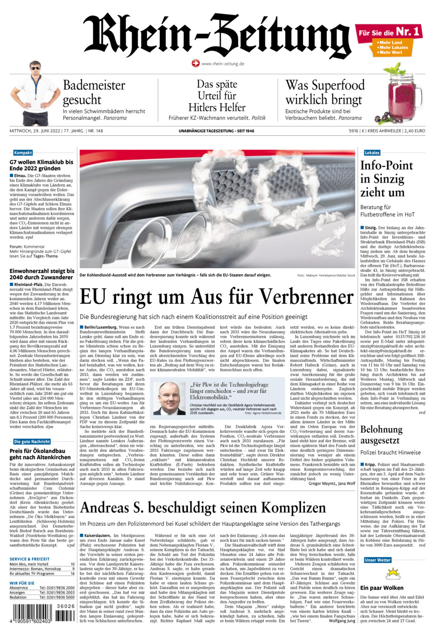 Rhein-Zeitung Kreis Ahrweiler vom Mittwoch, 29.06.2022
