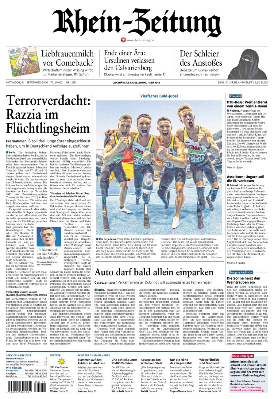 Rhein-Zeitung Kreis Ahrweiler vom Mittwoch, 14.09.2016