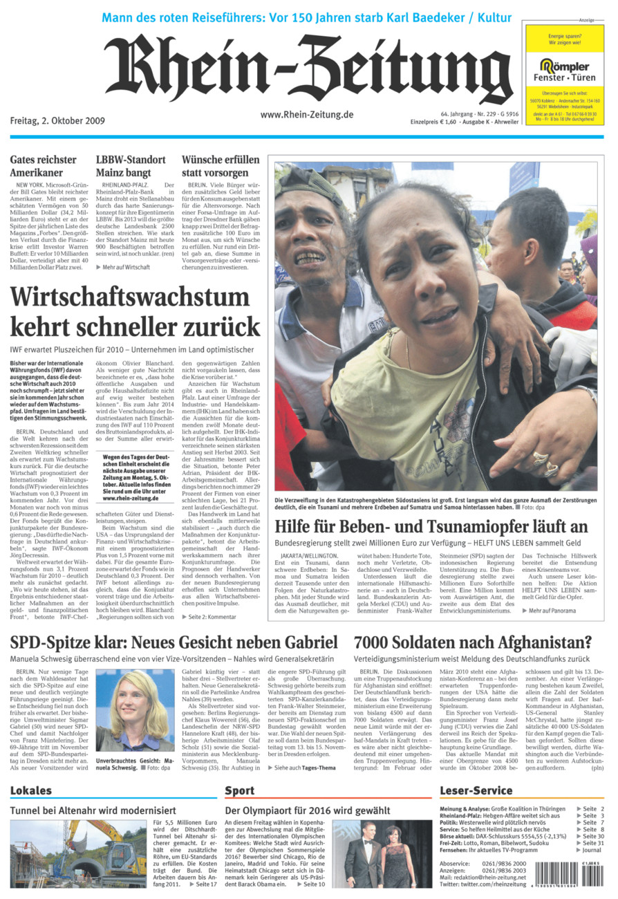 Rhein-Zeitung Kreis Ahrweiler vom Freitag, 02.10.2009