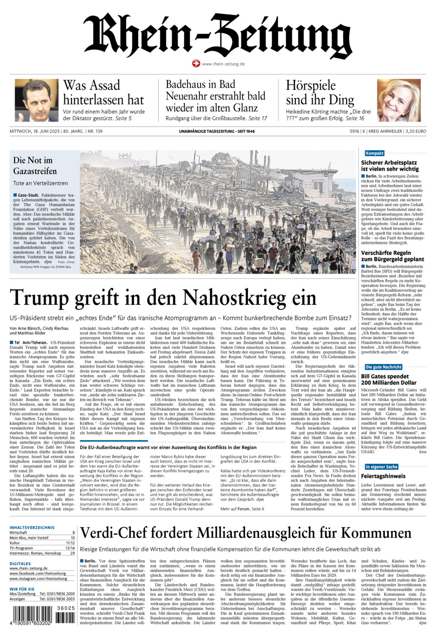 Rhein-Zeitung Kreis Ahrweiler vom Mittwoch, 18.06.2025