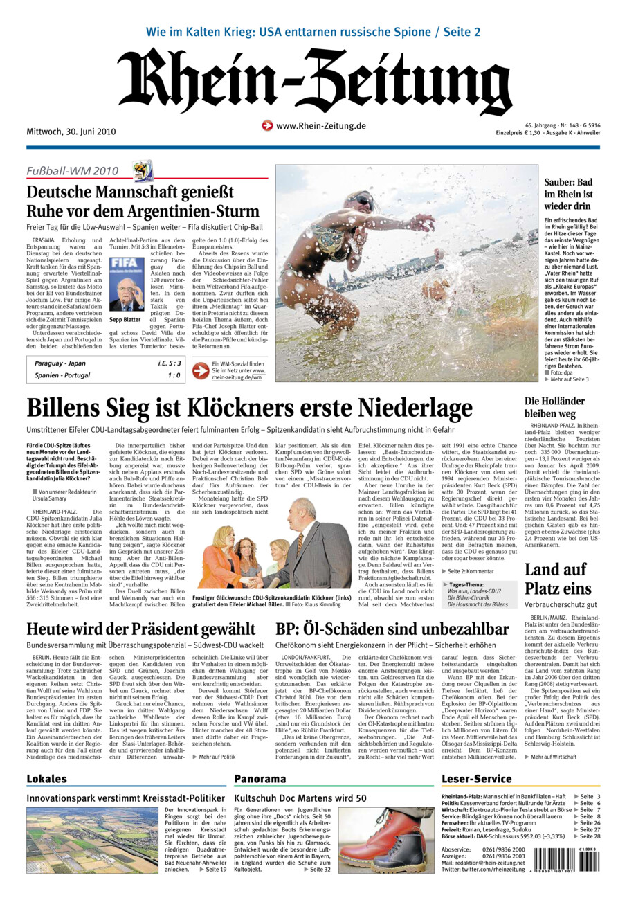Rhein-Zeitung Kreis Ahrweiler vom Mittwoch, 30.06.2010