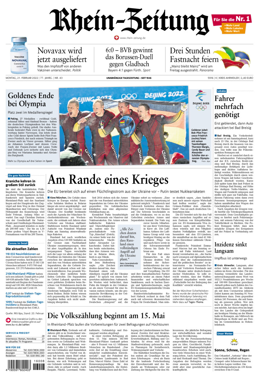 Rhein-Zeitung Kreis Ahrweiler vom Montag, 21.02.2022