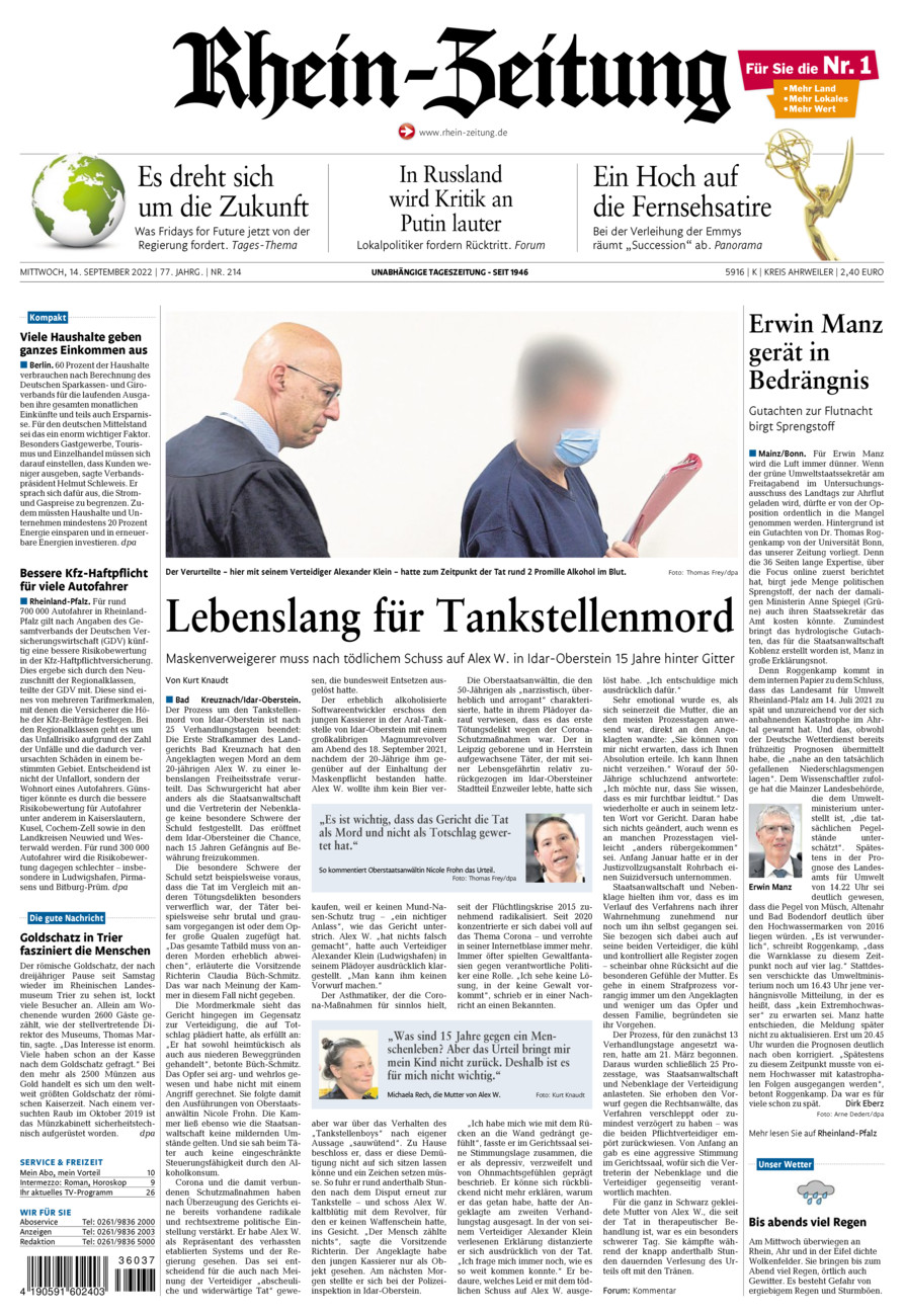 Rhein-Zeitung Kreis Ahrweiler vom Mittwoch, 14.09.2022