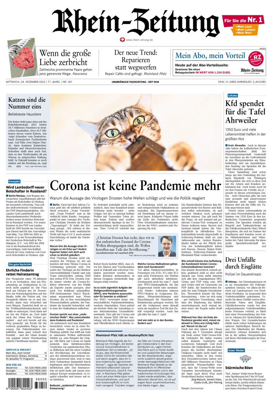 Rhein-Zeitung Kreis Ahrweiler vom Mittwoch, 28.12.2022