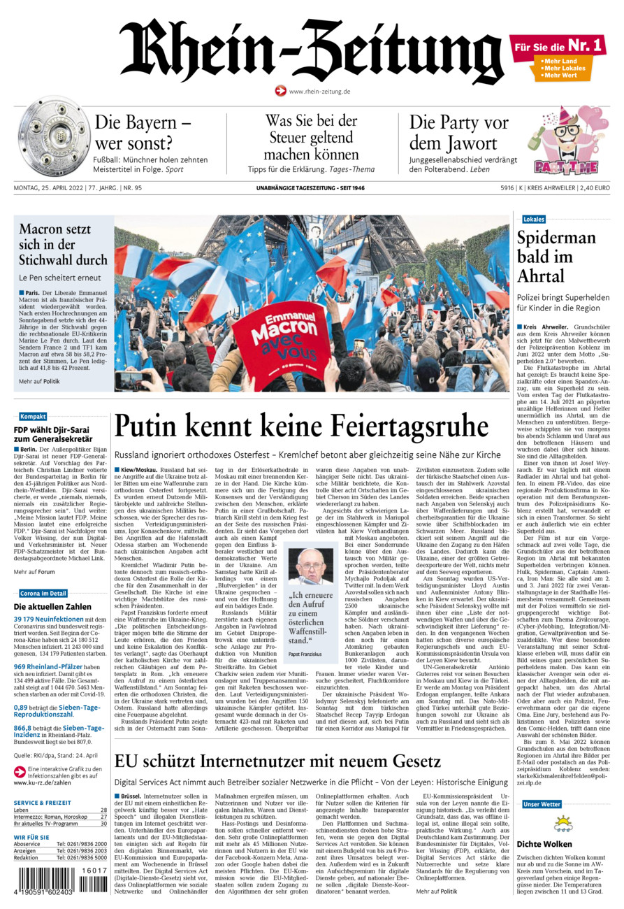 Rhein-Zeitung Kreis Ahrweiler vom Montag, 25.04.2022