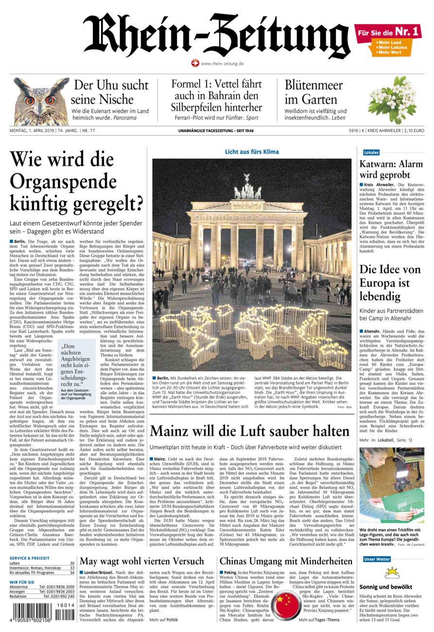 Rhein-Zeitung Kreis Ahrweiler vom Montag, 01.04.2019