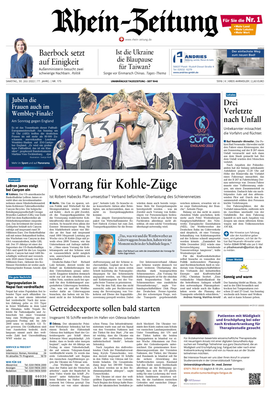 Rhein-Zeitung Kreis Ahrweiler vom Samstag, 30.07.2022