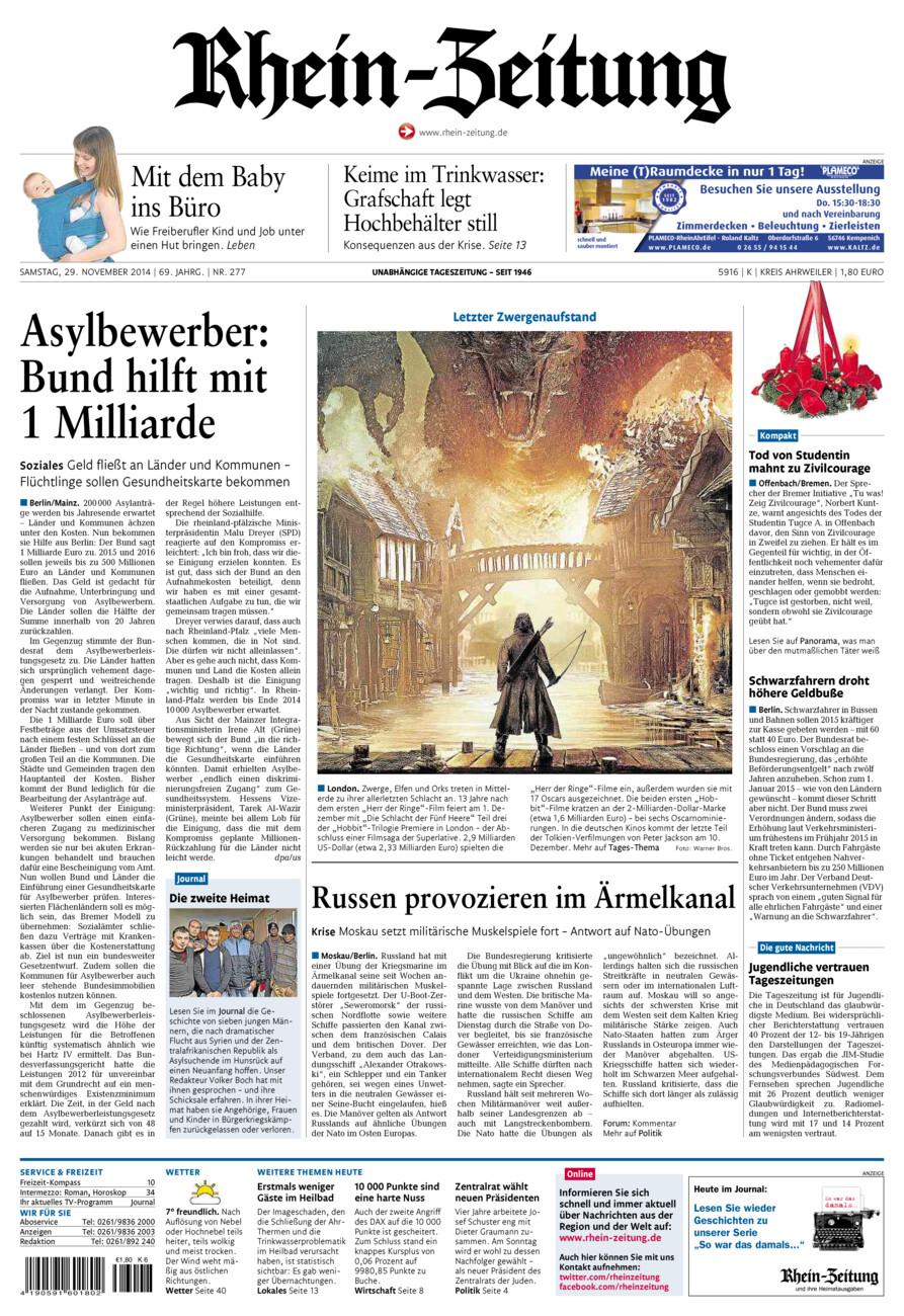 Rhein-Zeitung Kreis Ahrweiler vom Samstag, 29.11.2014