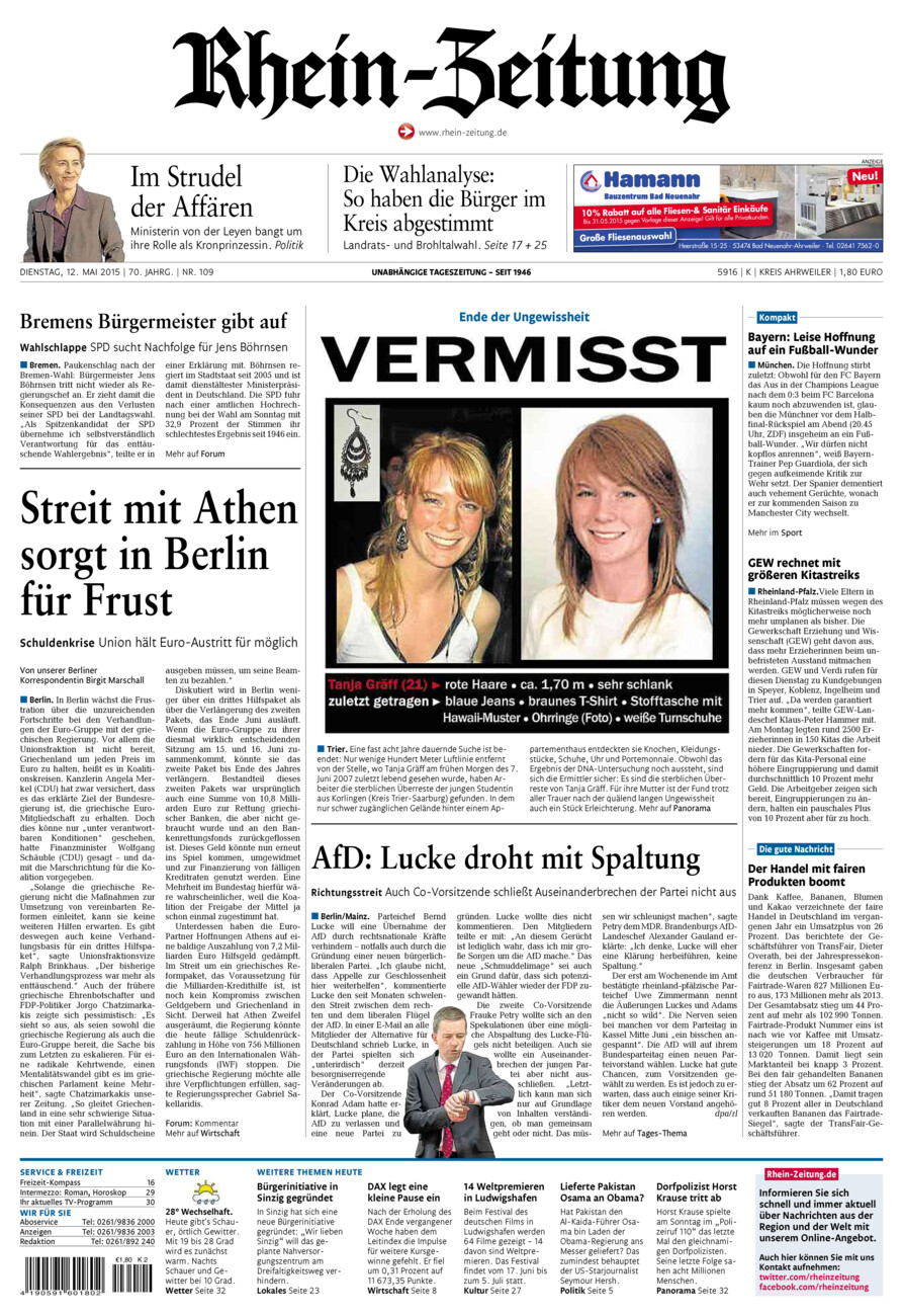 Rhein-Zeitung Kreis Ahrweiler vom Dienstag, 12.05.2015
