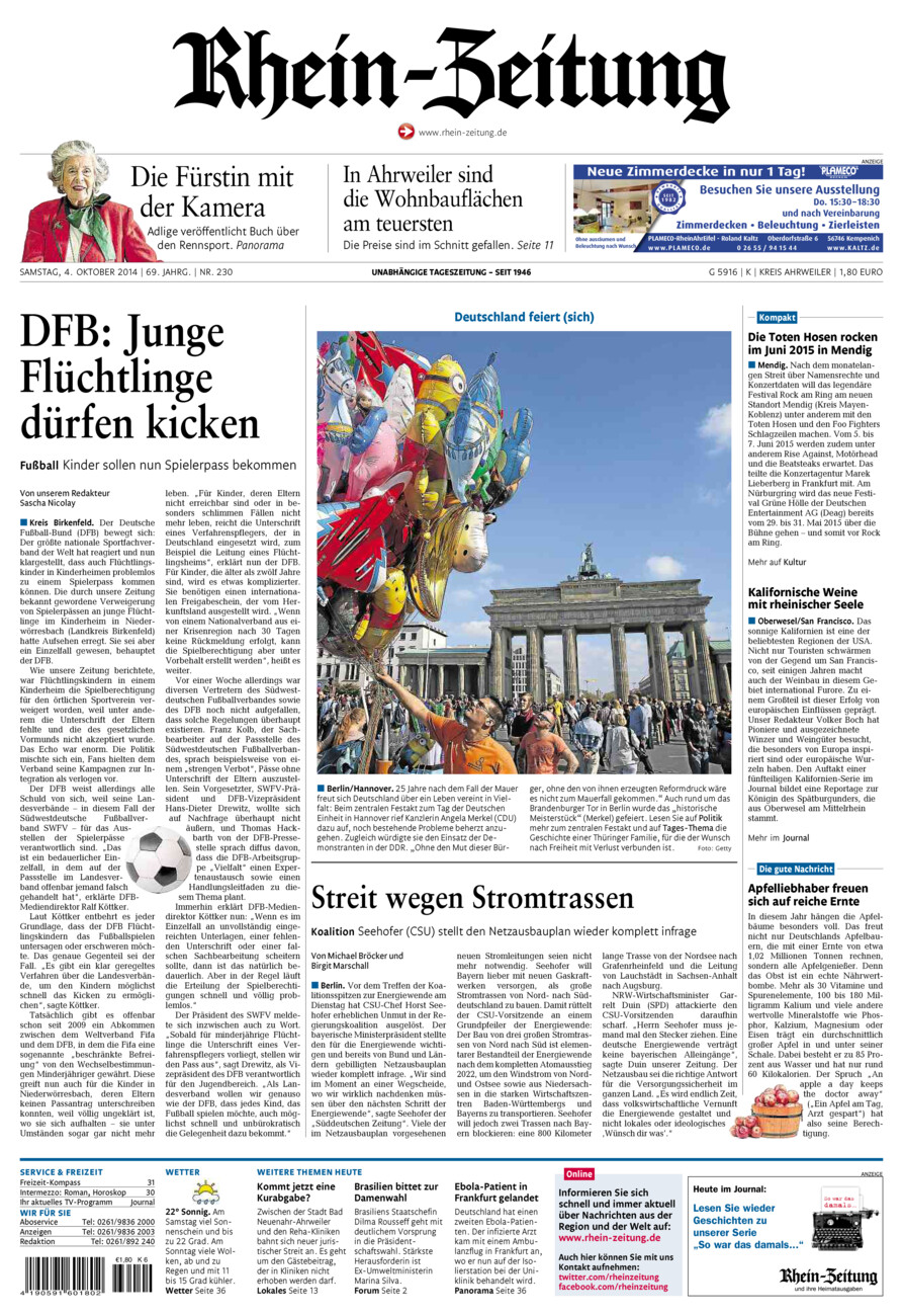 Rhein-Zeitung Kreis Ahrweiler vom Samstag, 04.10.2014