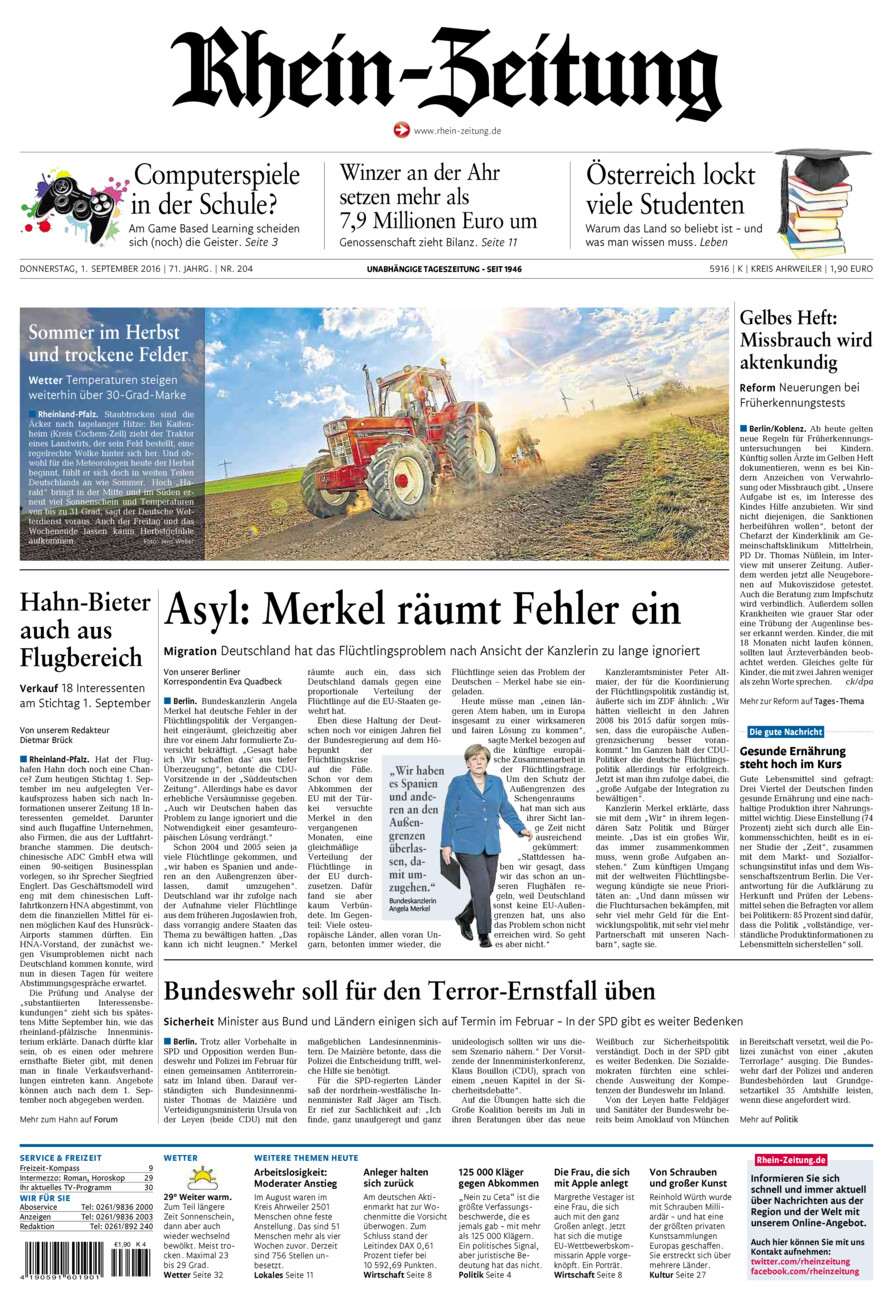 Rhein-Zeitung Kreis Ahrweiler vom Donnerstag, 01.09.2016