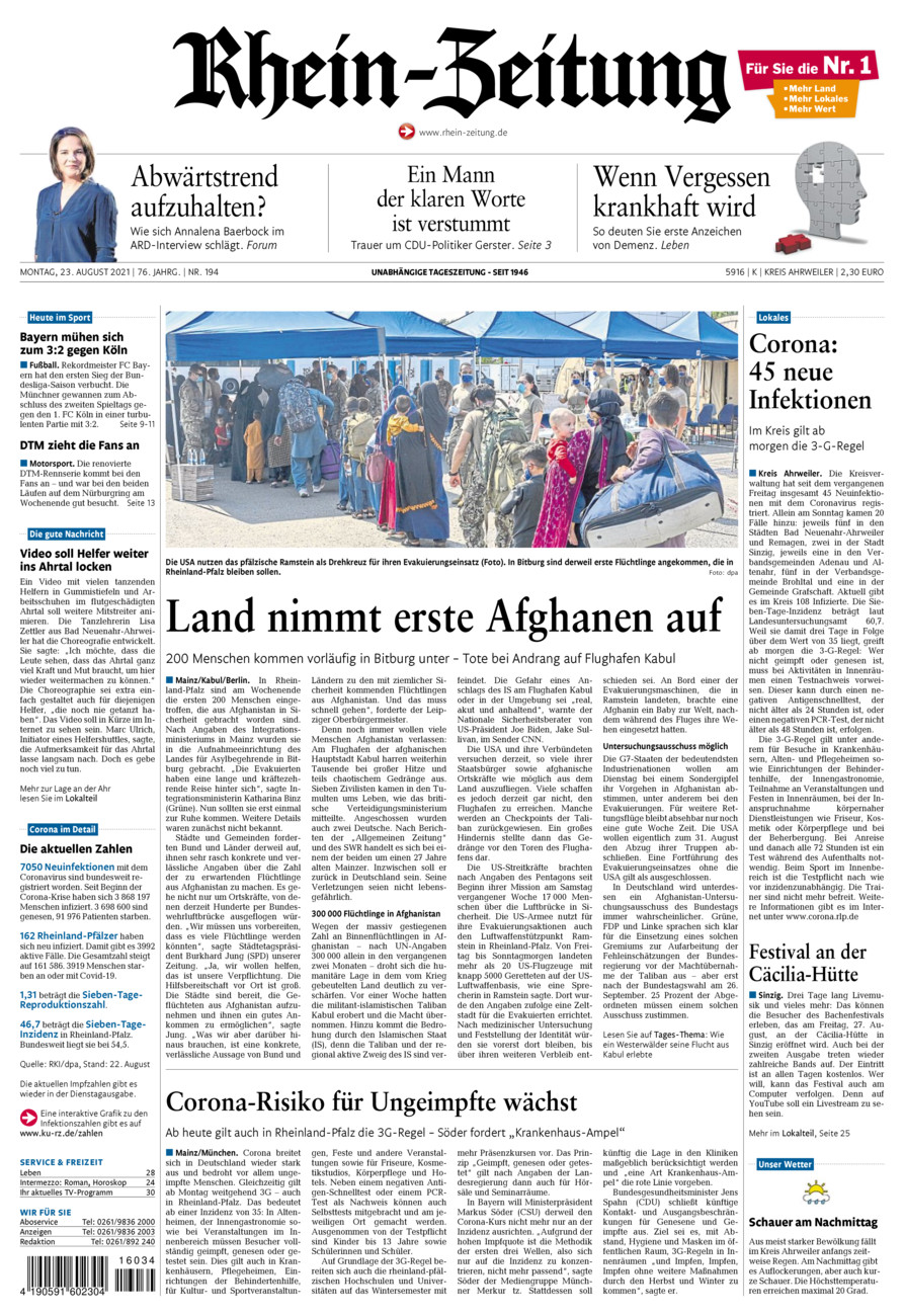 Rhein-Zeitung Kreis Ahrweiler vom Montag, 23.08.2021